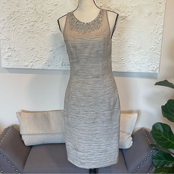Eliza J Jewel Embellished Illusion Metallic Sheath Sleeveless Dress Taupe Sz 6 - Picture 2 of 10